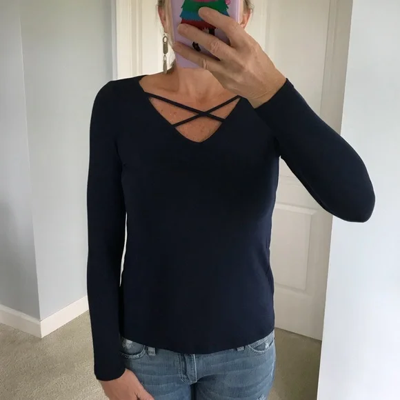 Navy Long Sleeve Criss Cross Neck Top - Picture 3 of 4